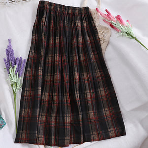 Solid Retro Plaid Pleated Elastic Waist Skirts