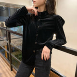 Velvet Basic Button Long Sleeve Blouse Shirt