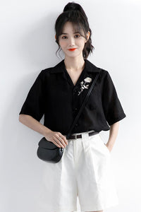 White Rose Embroidered Short Sleeve Blouse Shirt