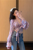 Long Sleeve Chiffon Flowers Pattern Ruffle Blouse Shirt