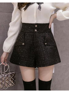 High Waist Solid Black Woolen Shorts