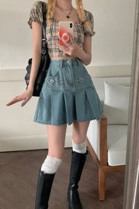 Casual Pleated Denim Mini Skirt