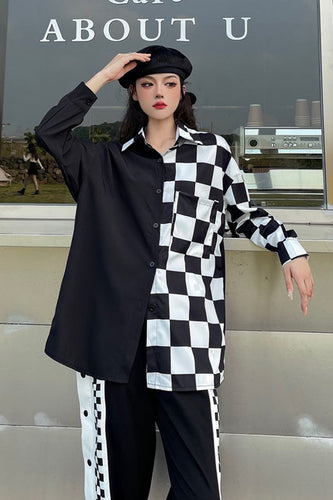 Long Sleeve Half Checkered Blouse Shirts