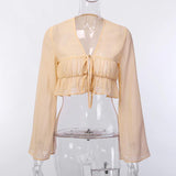 Sexy Long Sleeve Flare Ruched V-Neck Crop Top