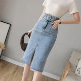 High Waist Ring Buckle Front Split Jeans Skirts