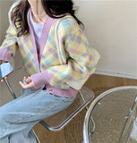 Vintage Checkered V-Neck Cardigan Sweater