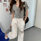 Lace Up Short Sleeve Basic Cropped Slim Shirt