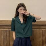 Notched Style Collar Cropped Blouse Shirt