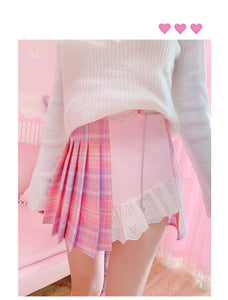 High Waist Plaid Irregular Lace Trim Mini Skirt