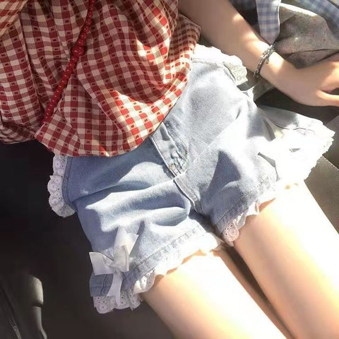Vintage Bow Lace Denim Shorts Jeans