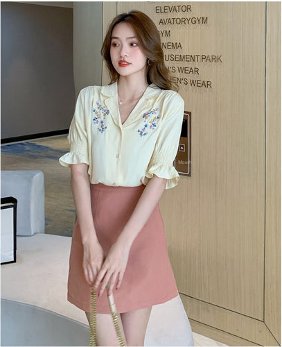 Short Sleeve Floral Embroidery Yellow Office Blouse Shirt