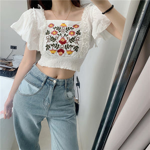 Elegant Flower Embroidery Cropped Flare Shirt