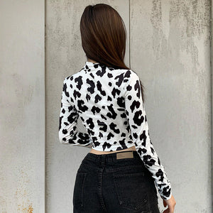 Cow Pattern Printed Skinny Long Sleeve Shirt