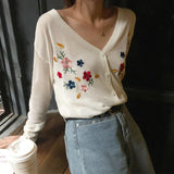 Vintage Flower Embroidery V Neck Cardigan Sweater