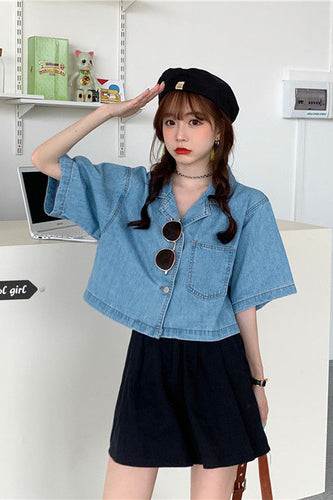 Short Sleeve Notched Collar Denim Shirt