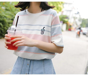 Drink Cup Embroidered Candy Striped Color Shirt