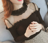 Sexy Mesh Ruffled Collar Knitted Slim Shirt