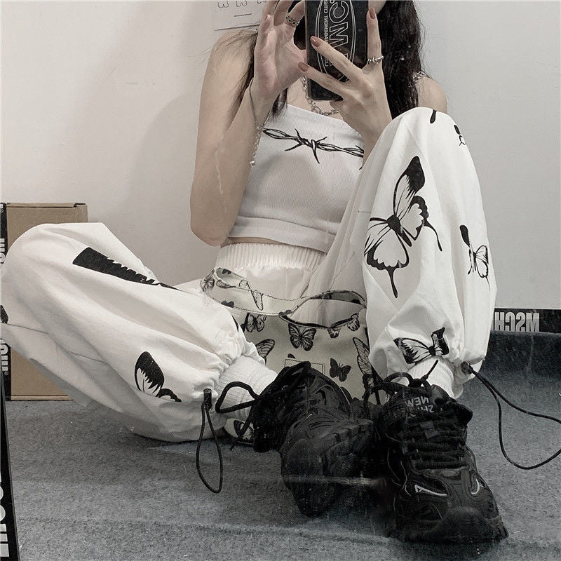 Butterfly Printed Casual White Jogger Sweatpants