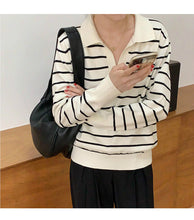 Warm Striped Turn Down Collar Long Sleeve Knitted Sweater