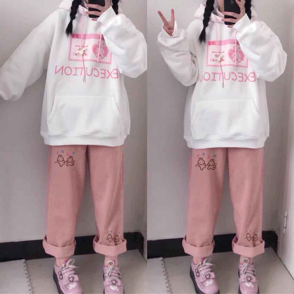 High Waist Cute Cartoon Pink Corduroy Pants â Tomscloth