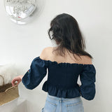 Vintage Flower Embroidery Off Shoulder Cropped Blouse