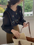 Florals Embroidery Square Collar Retro Blouse Shirt