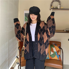 Argyle Pattern Black Color Block Cardigan Sweater