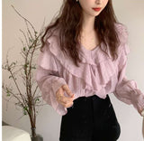 Long Sleeve Ruffles Elegant Chiffon Blouse Shirt