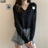 Pocket 3D Flower V-Neck Cardigan Sweater
