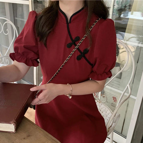 Puff Sleeve Chinese Style Ruffles Dress