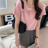 Love Shaped Hole With Bow Cropped Slim Shirt