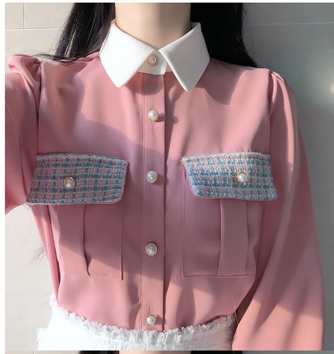 Long Sleeve Cute Sweet Pocket Blouse Shirt