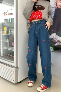 Red Daisy Embroidered Long Jeans Pants