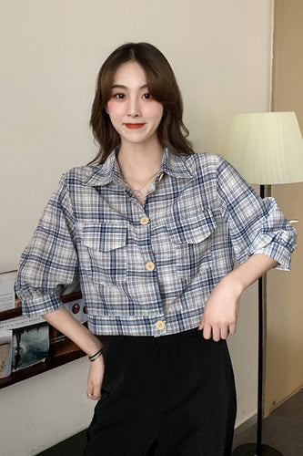 Three Quarter Sleeve Plaid Blouse Crop Top