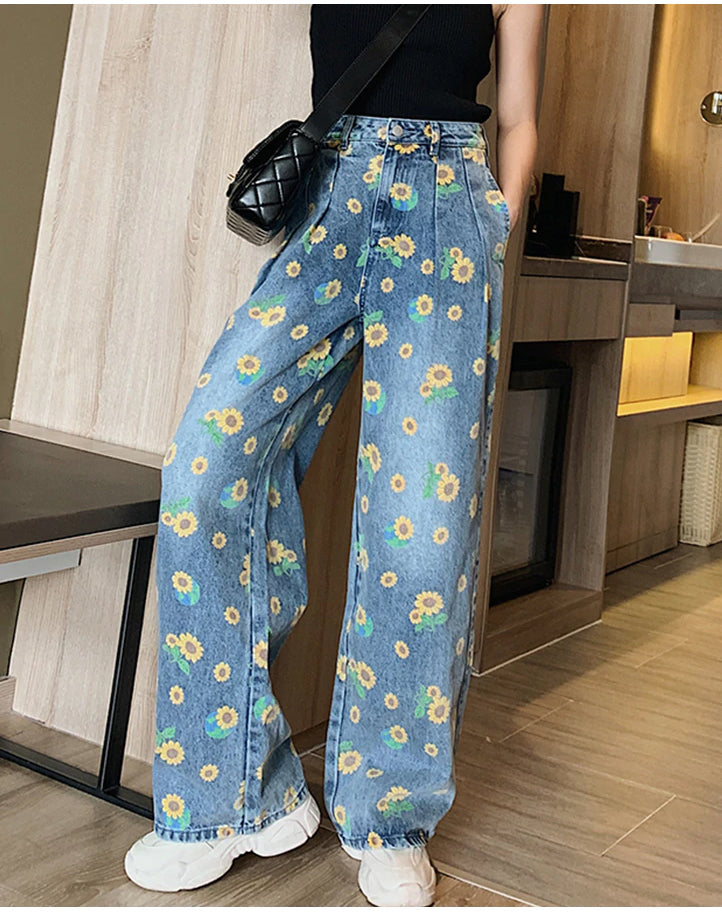 Sun Flower Full Printed Wide Leg Denim Jeans – Tomscloth