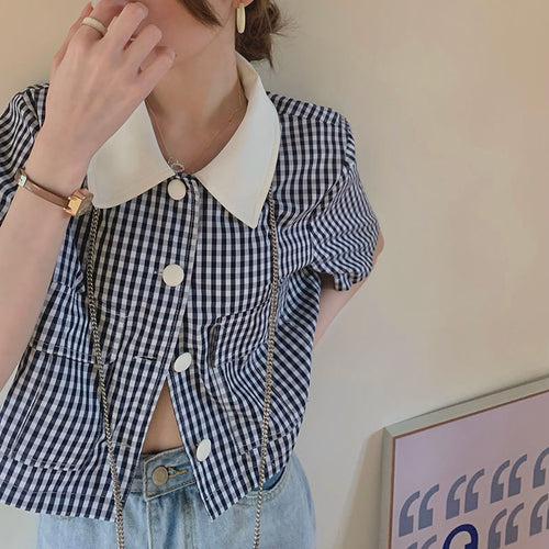 Plaid Design Turn Down Collar Cropped Shirt