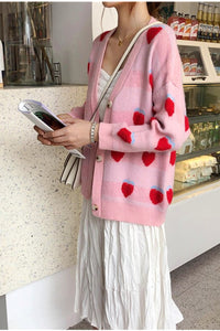 Strawberry Pattern V-Neck Knitted Cardigan Sweater