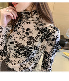 High Neck Florals Mesh Transparent Long Sleeve Shirt