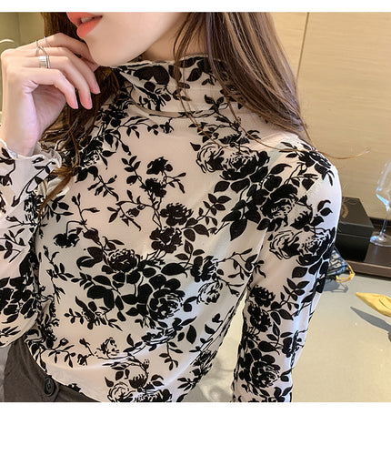 High Neck Florals Mesh Transparent Long Sleeve Shirt