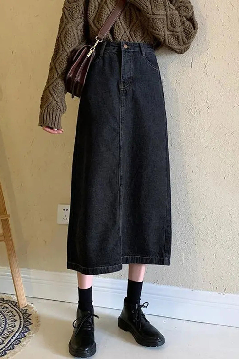 High Waist Medium Long Black Denim Skirts Tomscloth