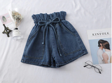 High Elastic Waist Denim Belt Tie Shorts