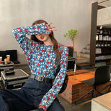 Long Sleeve Retro Floral Basic Chiffon Shirt