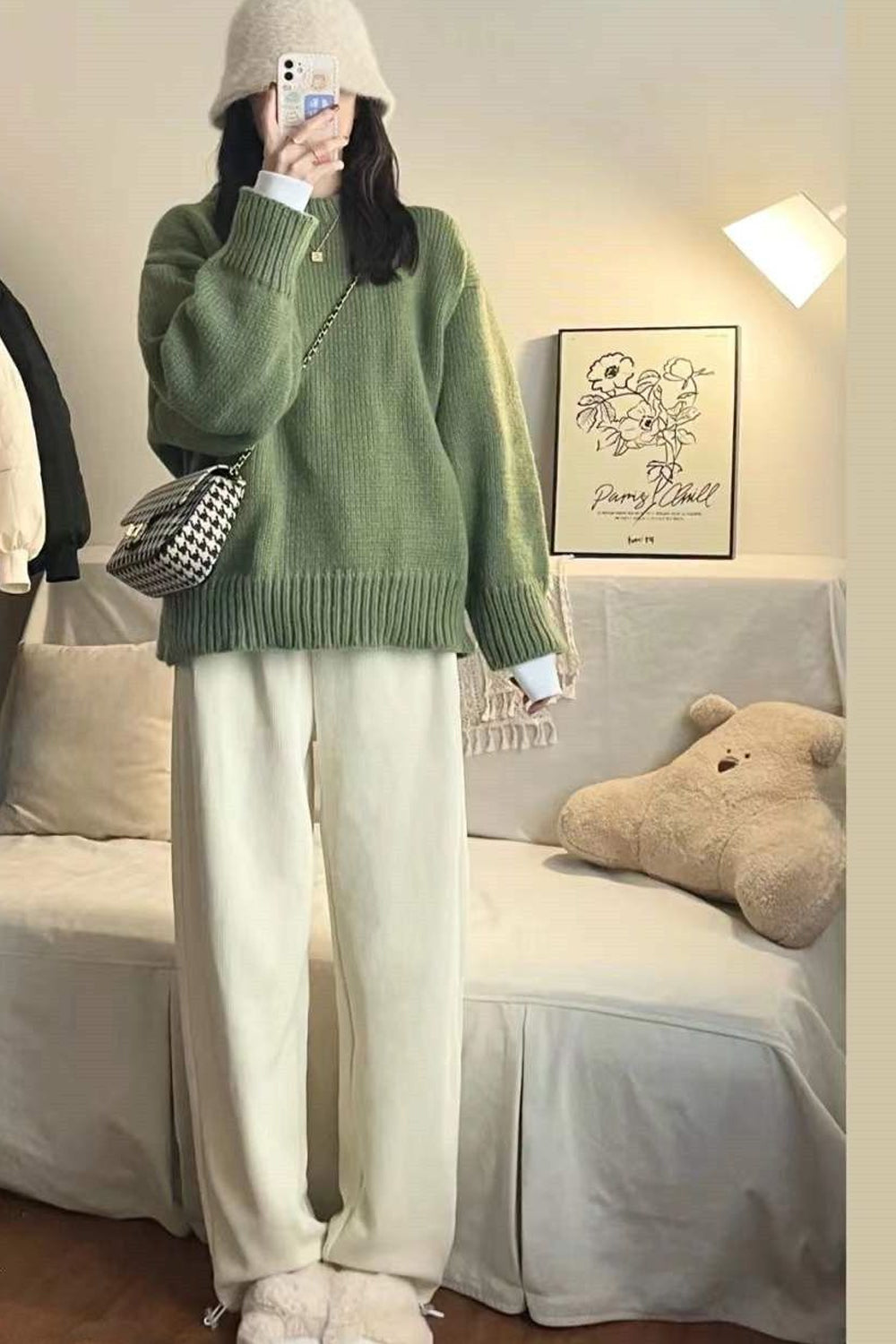 Green Basic Loose Knitted Crewneck Sweater