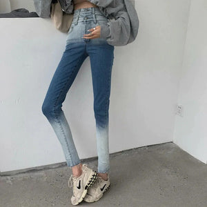 High Waist Gradient Color Skinny Thin Long Jeans