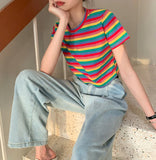 Rainbow Striped Cropped Slim Shirt
