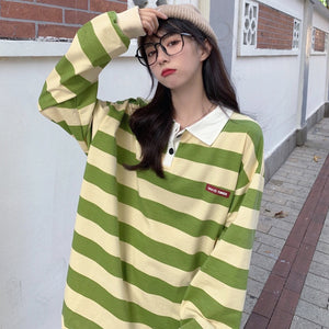 Retro Green Striped Turn Down Collar Sweater