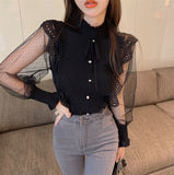 Long Sleeve Semi High Collar Knitted Stitching Blouse Shirt