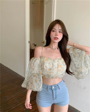 Sexy Floral Strap Puff Sleeve Blouse Shirt