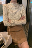 Long Sleeve Floral Pattern Turtleneck Ruffle Shirt