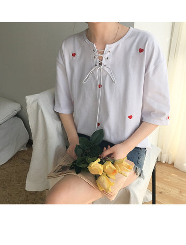 Red Heart Embroidered Cute Fresh Casual Loose Shirt